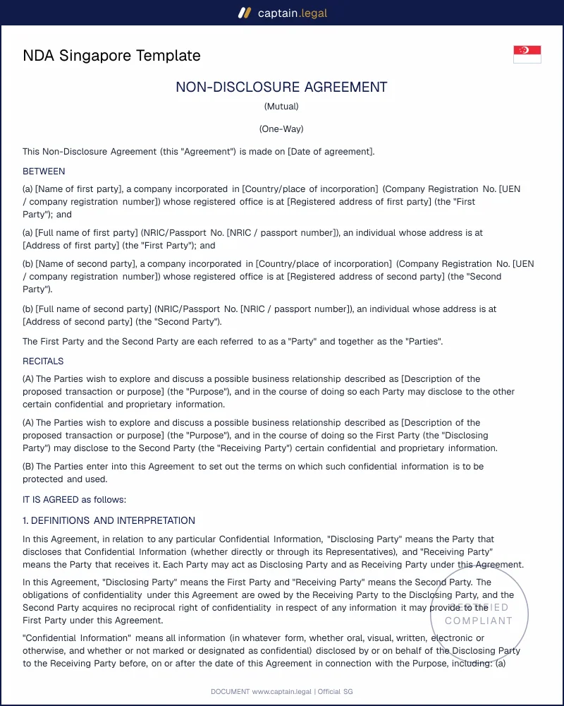 Singapore NDA Template | Common Law of Confidence