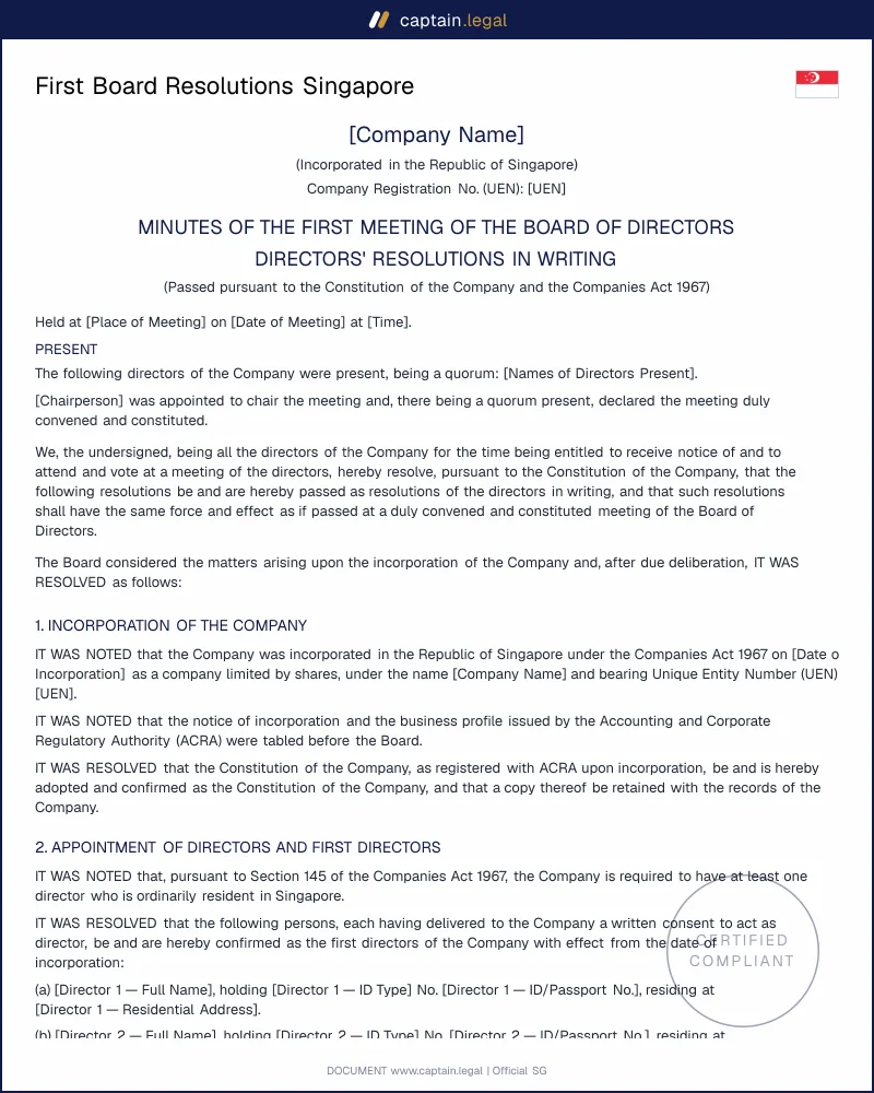Singapore First Board Resolutions: Companies Act 1967