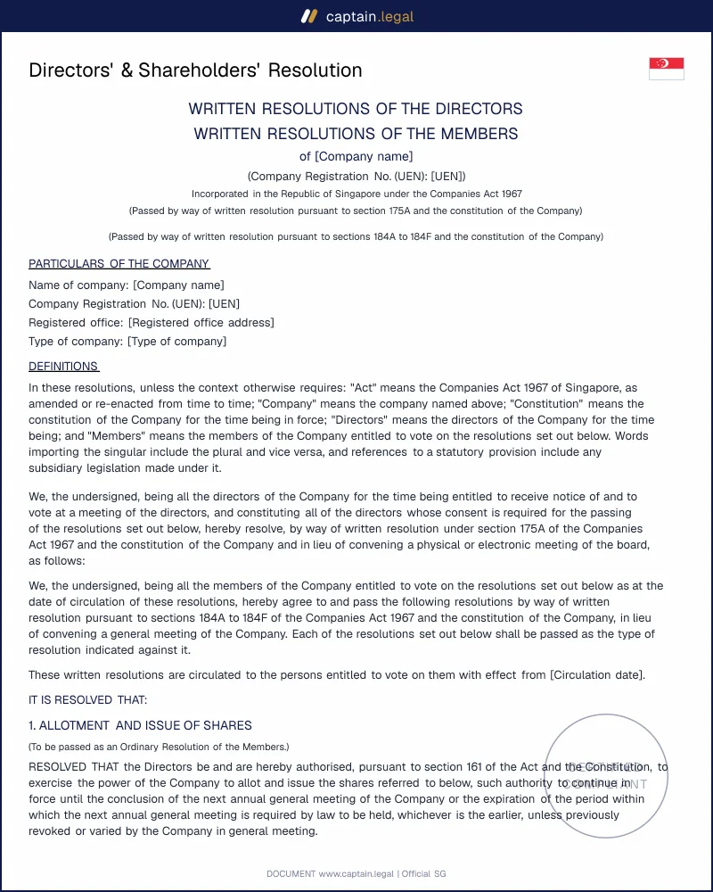 Singapore Written Resolution: Companies Act ss 184A-184G