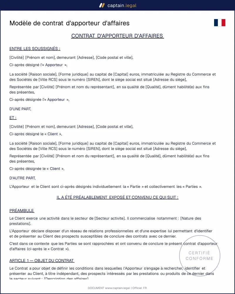 Modèle de contrat d'apporteur d'affaires - PDF et Word