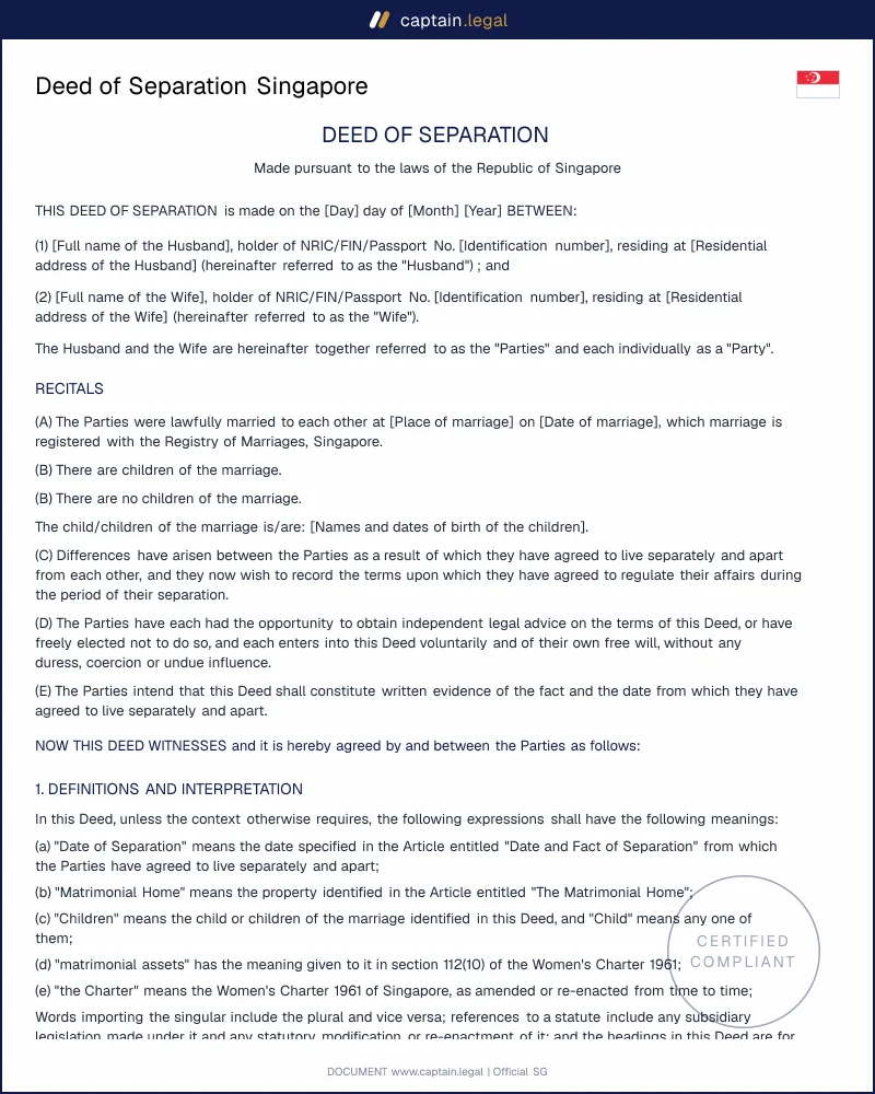 Deed of Separation Singapore | Women's Charter 1961