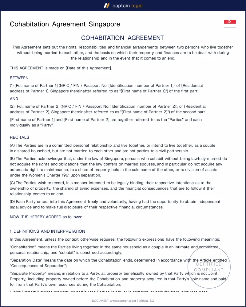 Cohabitation Agreement Singapore | Deed of Cohabitation