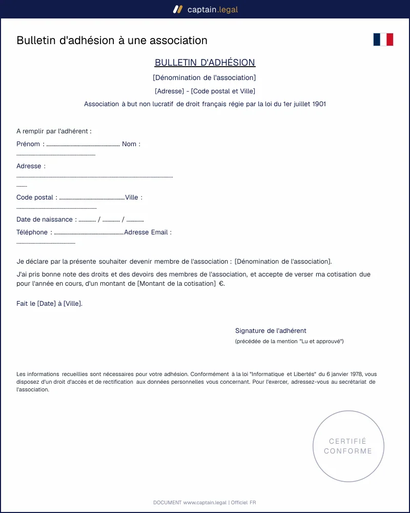 Bulletin d'adhésion à une association