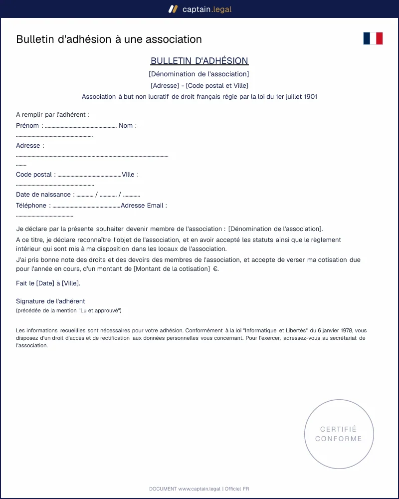 Bulletin d'adhésion à une association