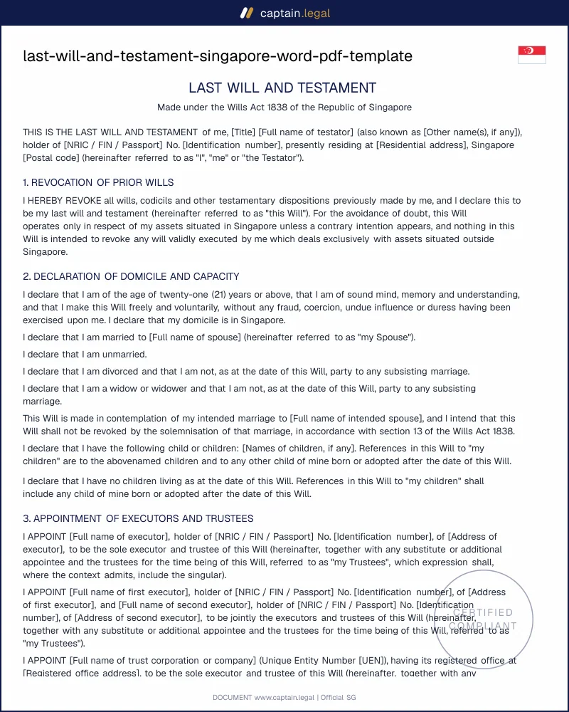 Will Singapore: Wills Act 1838 Compliant Template