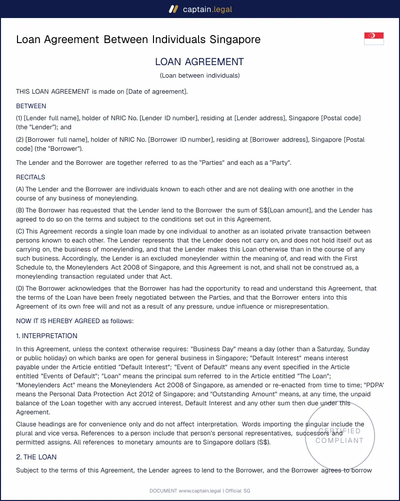 Private Loan Agreement Singapore | Moneylenders Act