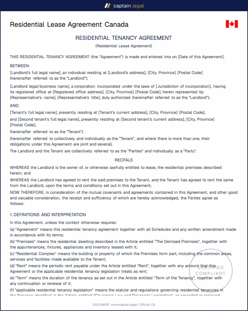 Residential Tenancy Agreement Template Canada