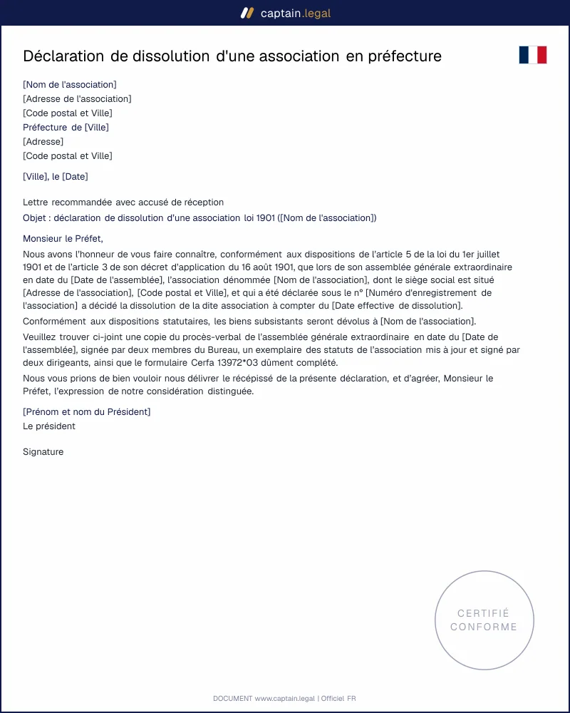 Déclaration de dissolution d'une association - PDF et Word