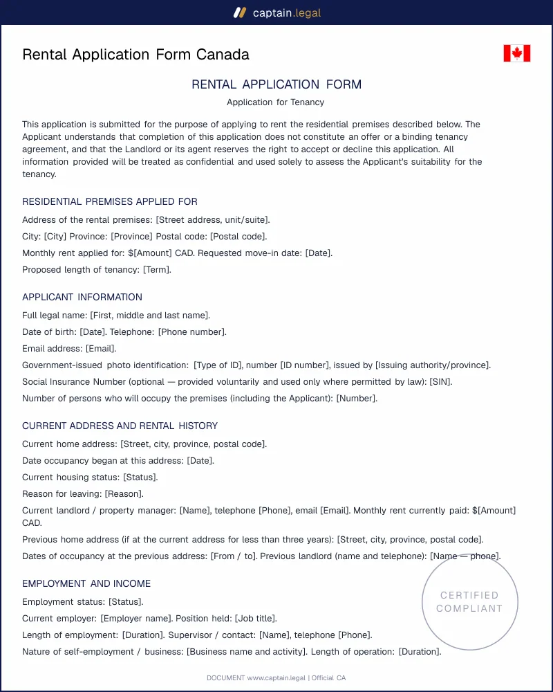 Canadian Rental Application Form | PIPEDA-Compliant