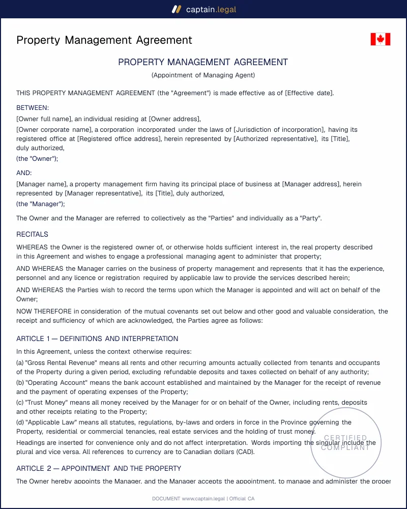 Property Management Agreement (RESA Compliant) Canada