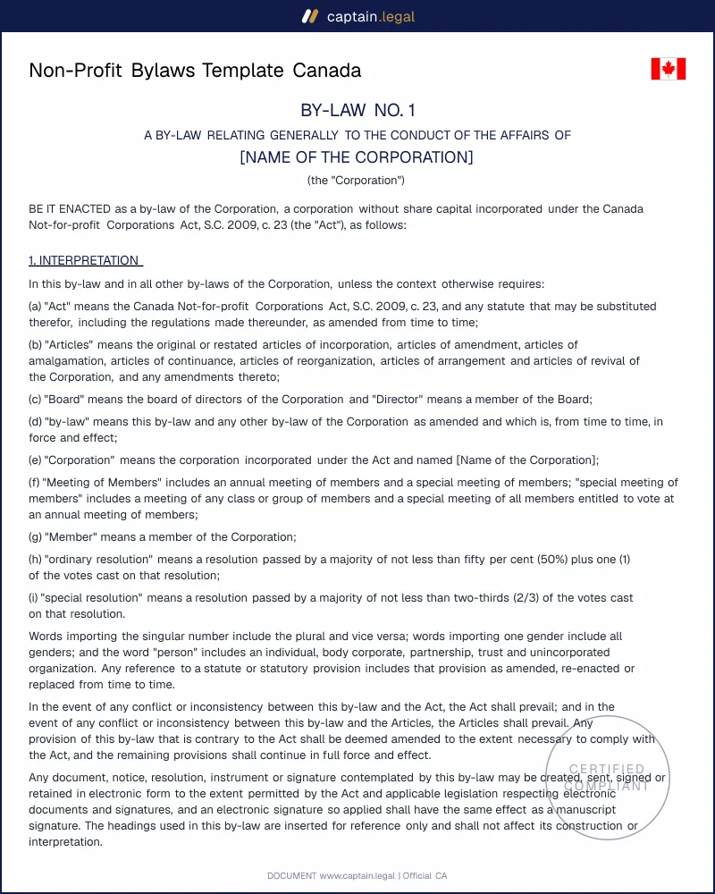 Non-Profit Bylaws Canada | NFP Act Section 152 Rules