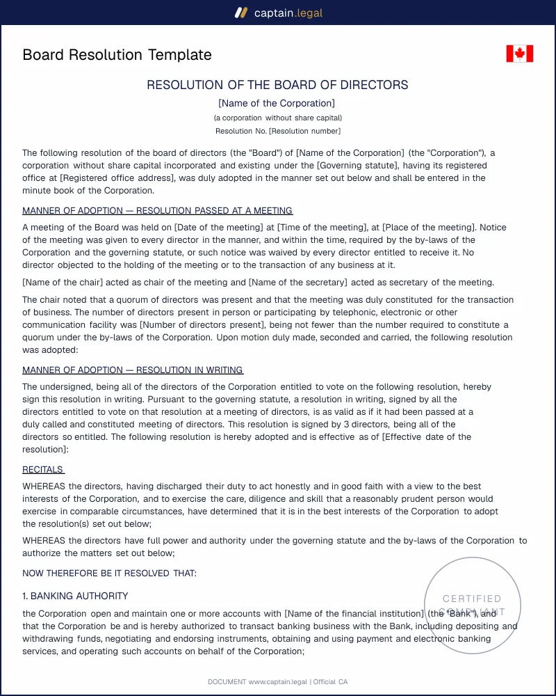 Board of Directors Resolution | NFP Act Section 140