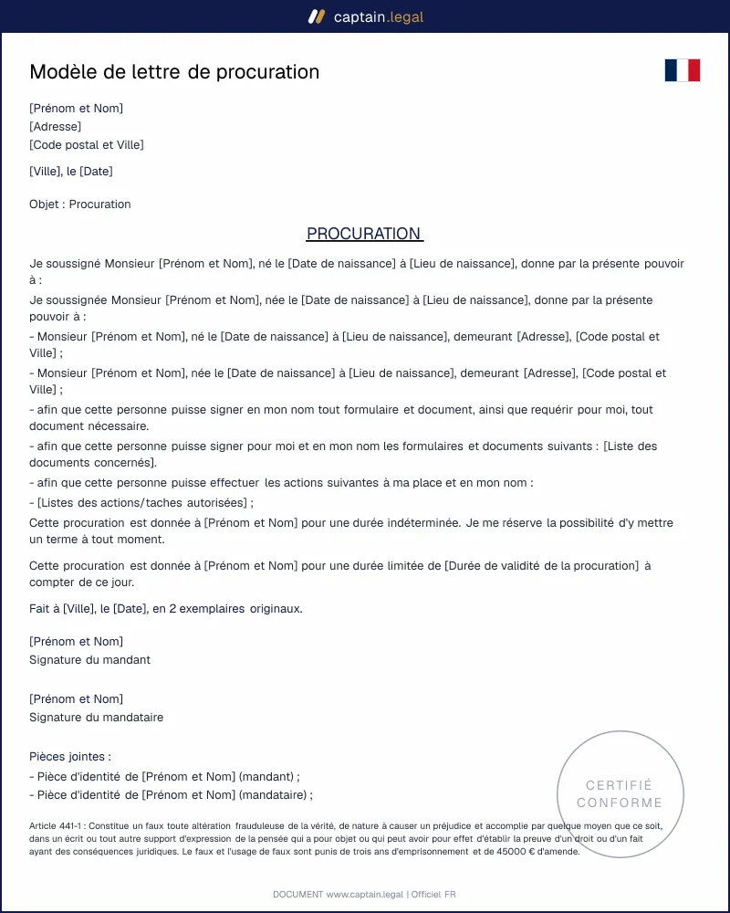 Modèle de lettre de procuration à remplir - PDF et Word