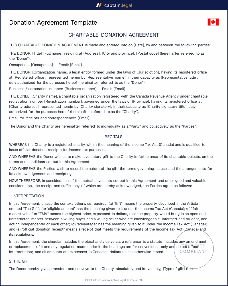 Donation Agreement Canada | CRA Receipting Rules