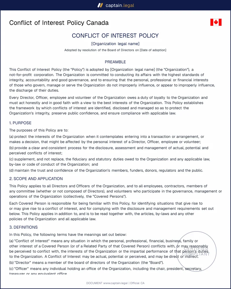 Conflict of Interest Policy Canada | NFP Act s.141