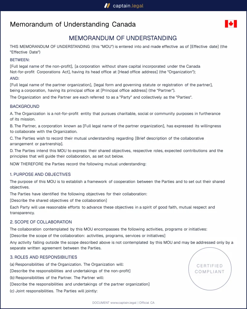 Memorandum of Understanding Canada | NFP Act & Contract Law
