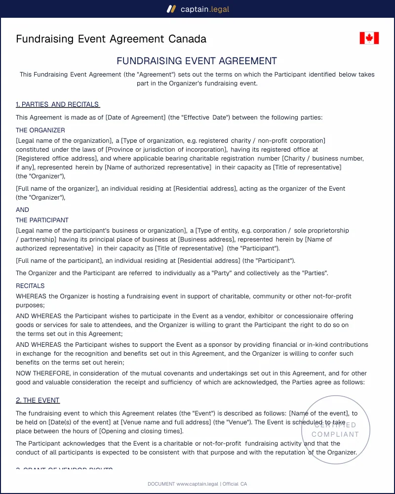 Fundraising Event Agreement | Gaming & CRA Compliant