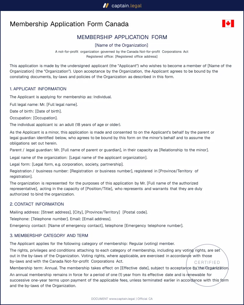 Membership Application Form | NFP Act Compliant Canada
