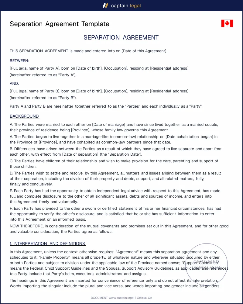 Separation Agreement Canada | Divorce Act Compliant