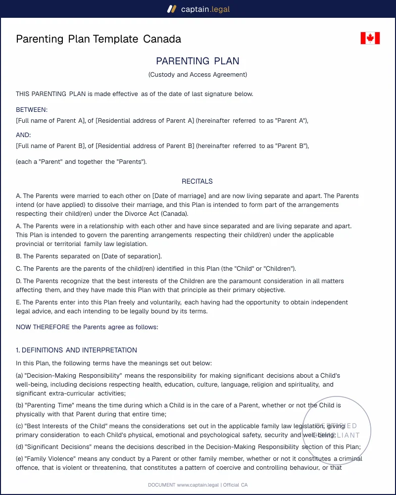 Parenting Plan Canada | Divorce Act 2021 Compliant