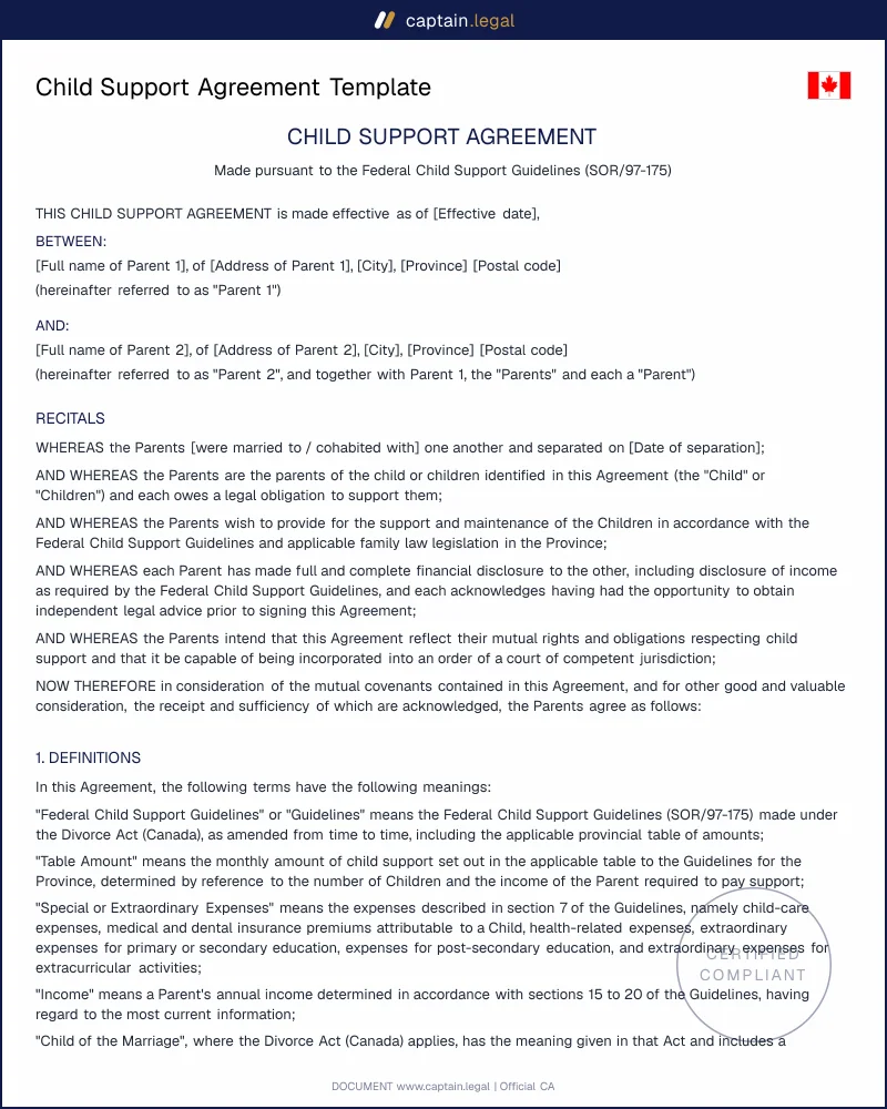 Child Support Agreement Canada | Federal Guidelines