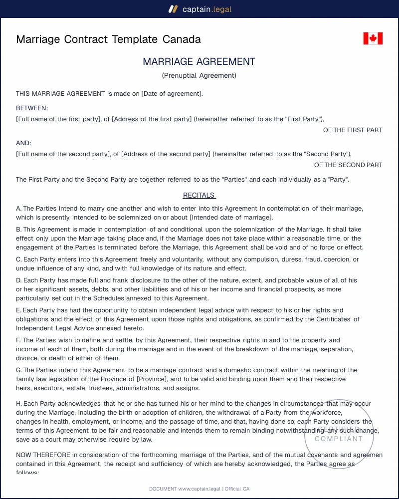 Marriage Contract Canada | Family Law Act Section 52