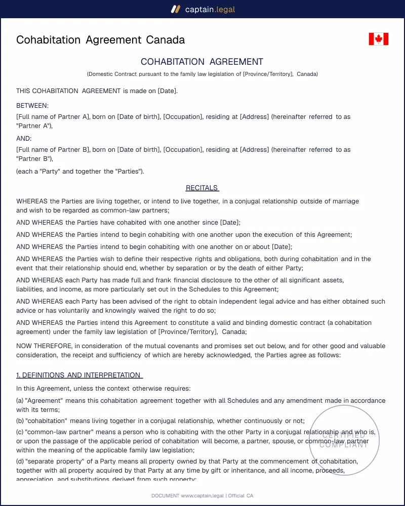 Cohabitation Agreement Template | Family Law Act s.53