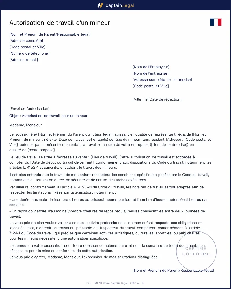 Autorisation de travail pour un enfant mineur - modèle à télécharger