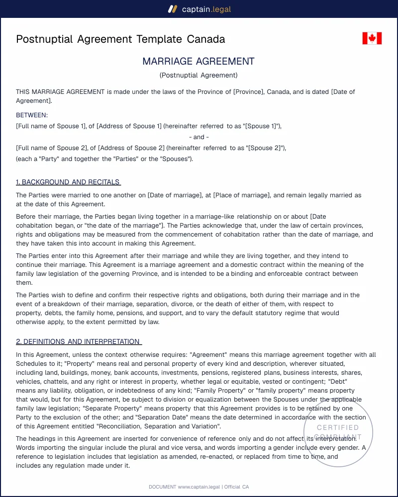 Postnuptial Agreement Canada | Family Law Act s.52