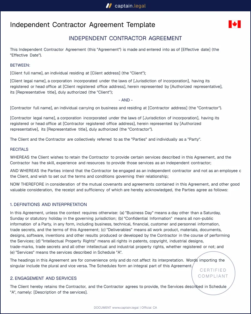 Independent Contractor Agreement Canada | CRA Compliant