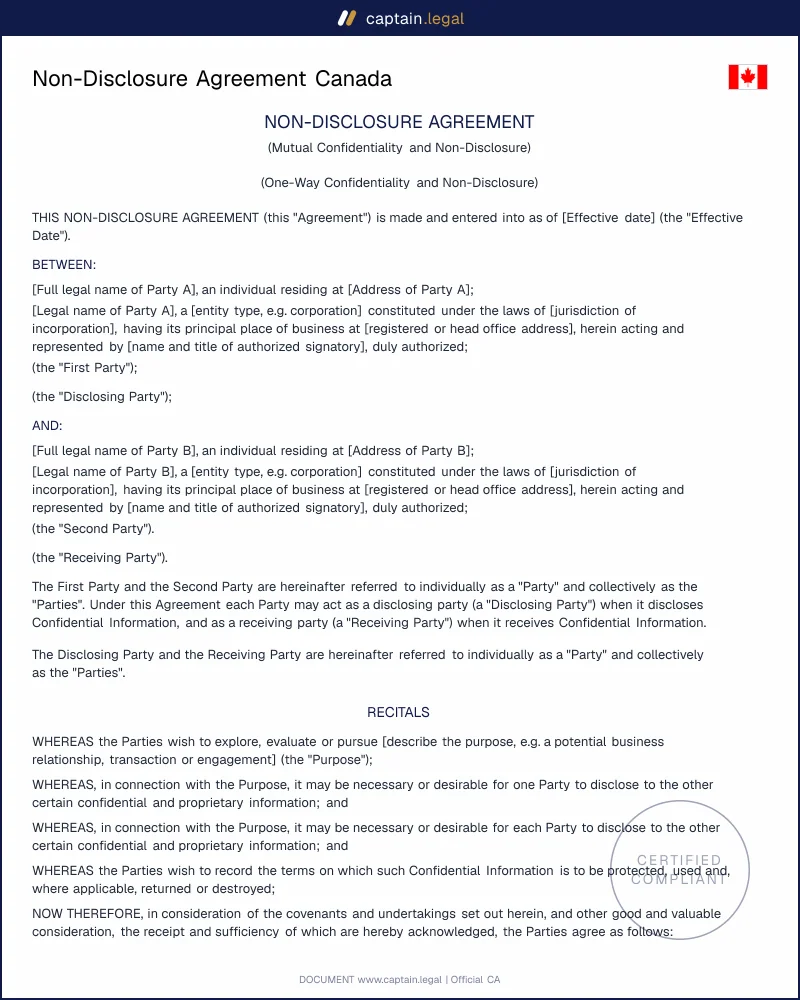 Non-Disclosure Agreement Canada | Common-Law Compliant NDA