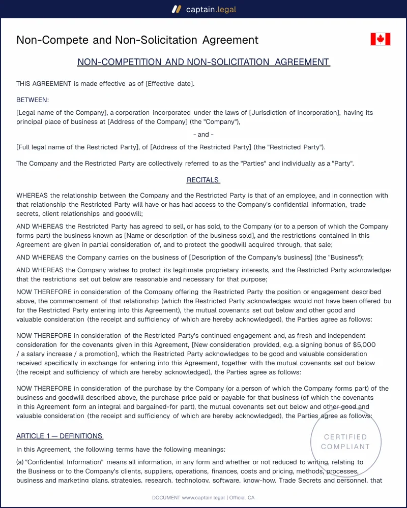 Non-Compete and Non-Solicitation Agreement | ESA s.67.2