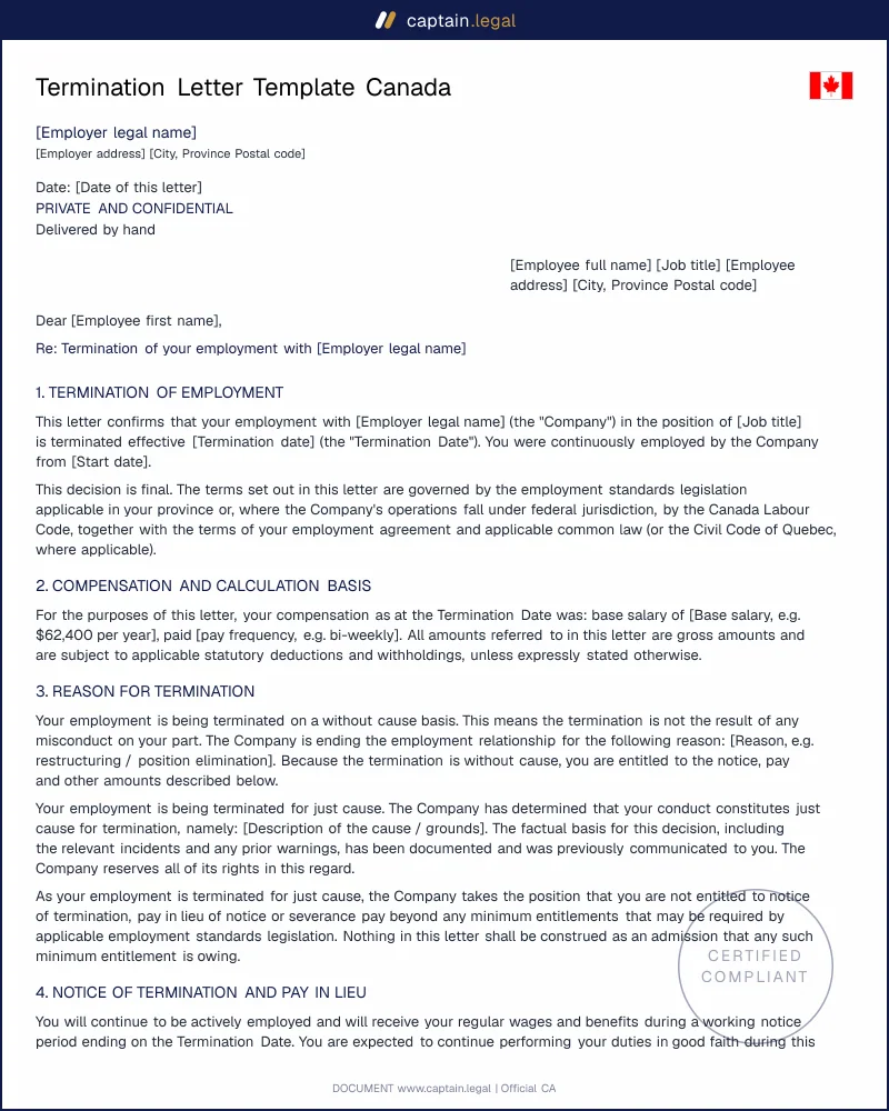 Termination Letter Canada | ESA and Labour Code Rules