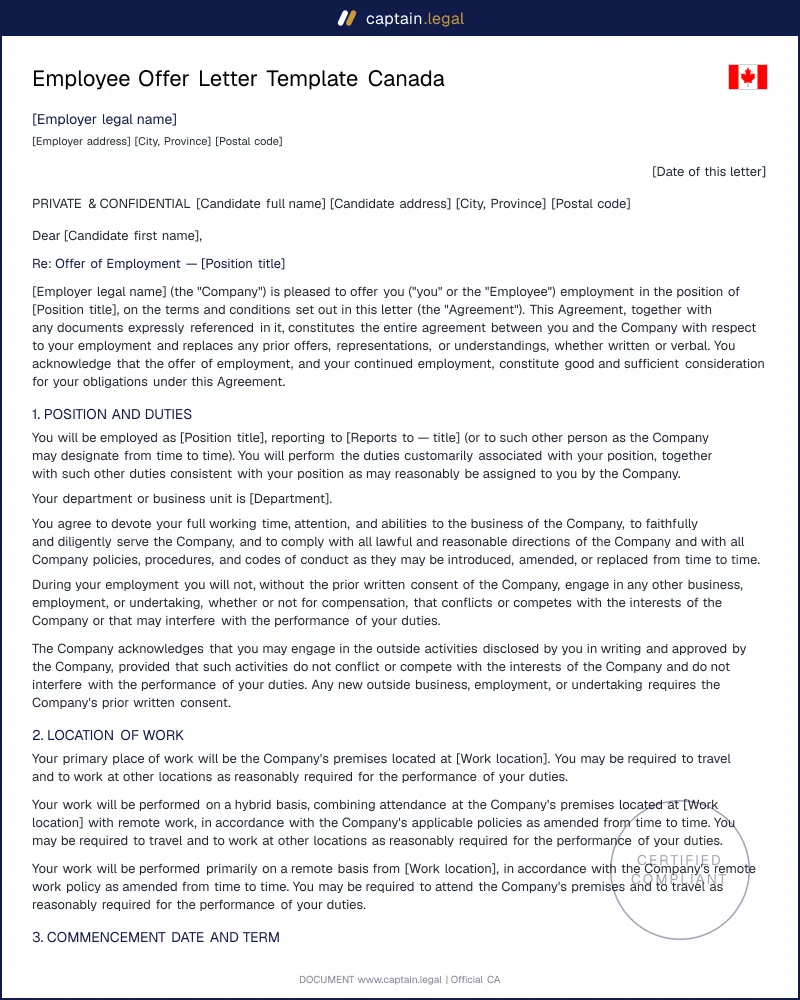 Employee Offer Letter Canada | Employment Standards Act
