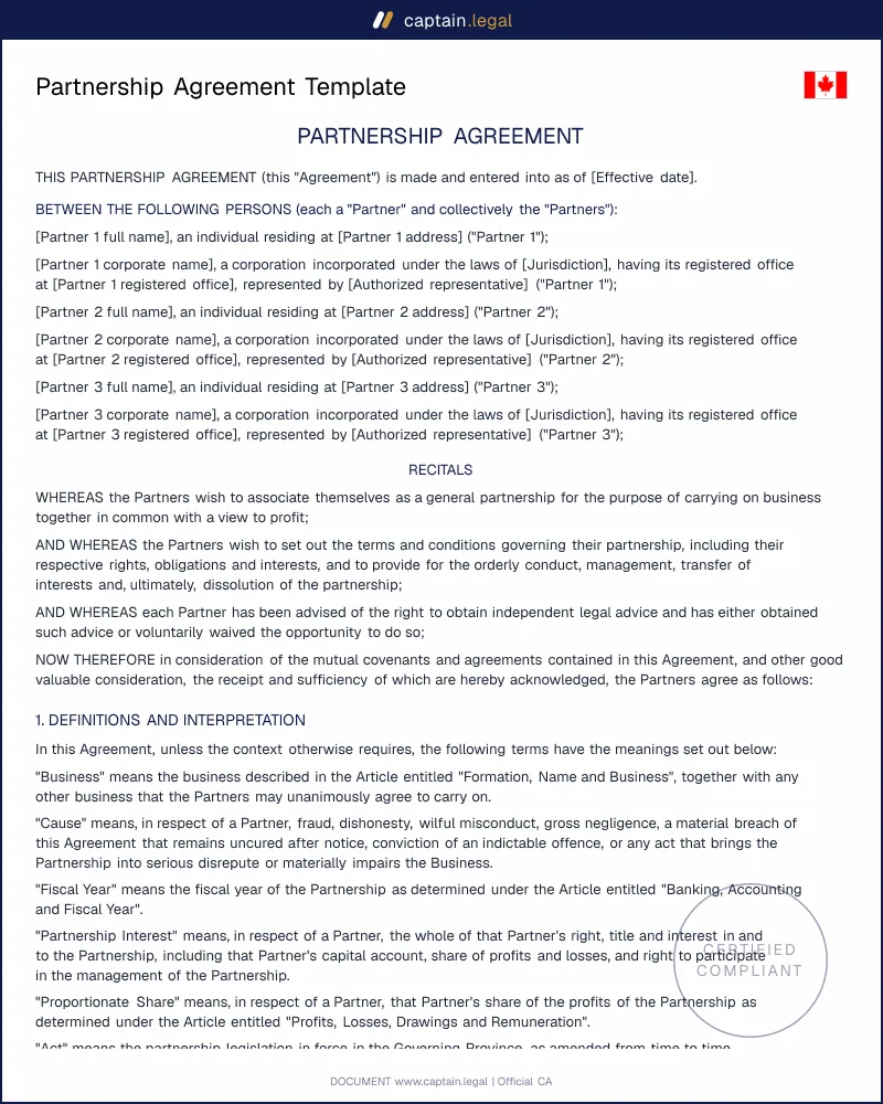 Partnership Agreement Template Canada | Partnerships Act