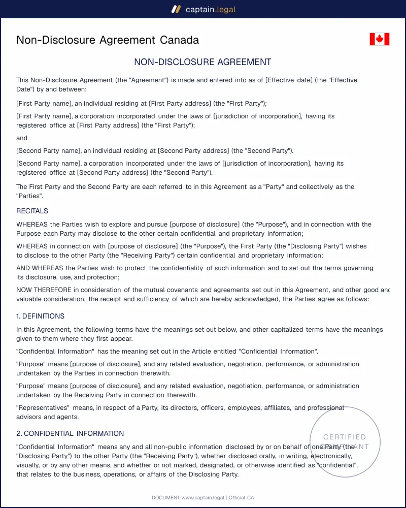 Non-Disclosure Agreement Canada | Common-Law NDA Template