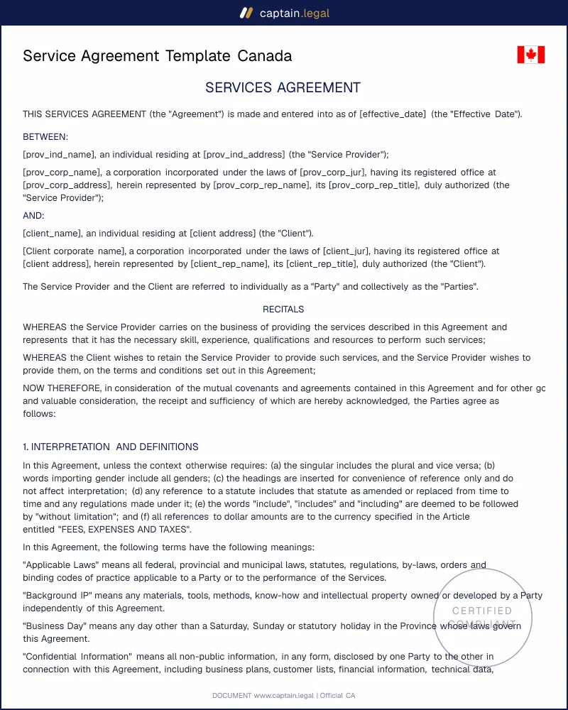 Service Agreement Template Canada | Sagaz 2001 SCC