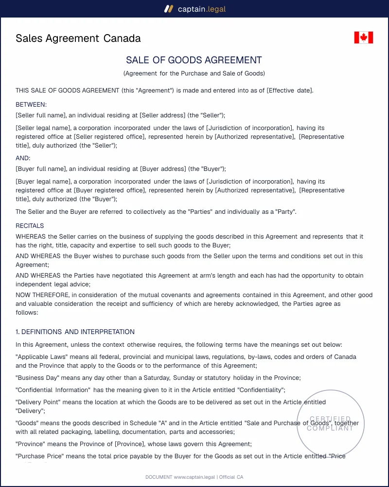Sales Agreement Canada | Sale of Goods Act Compliant