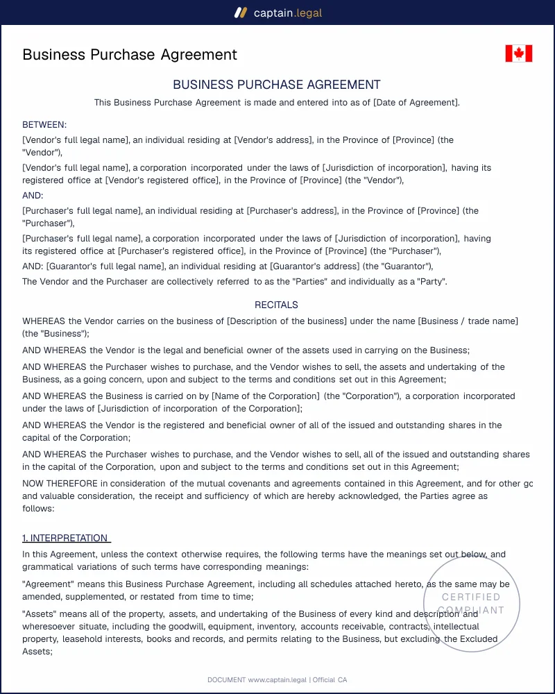 Business Purchase Agreement Canada | CBCA & ESA