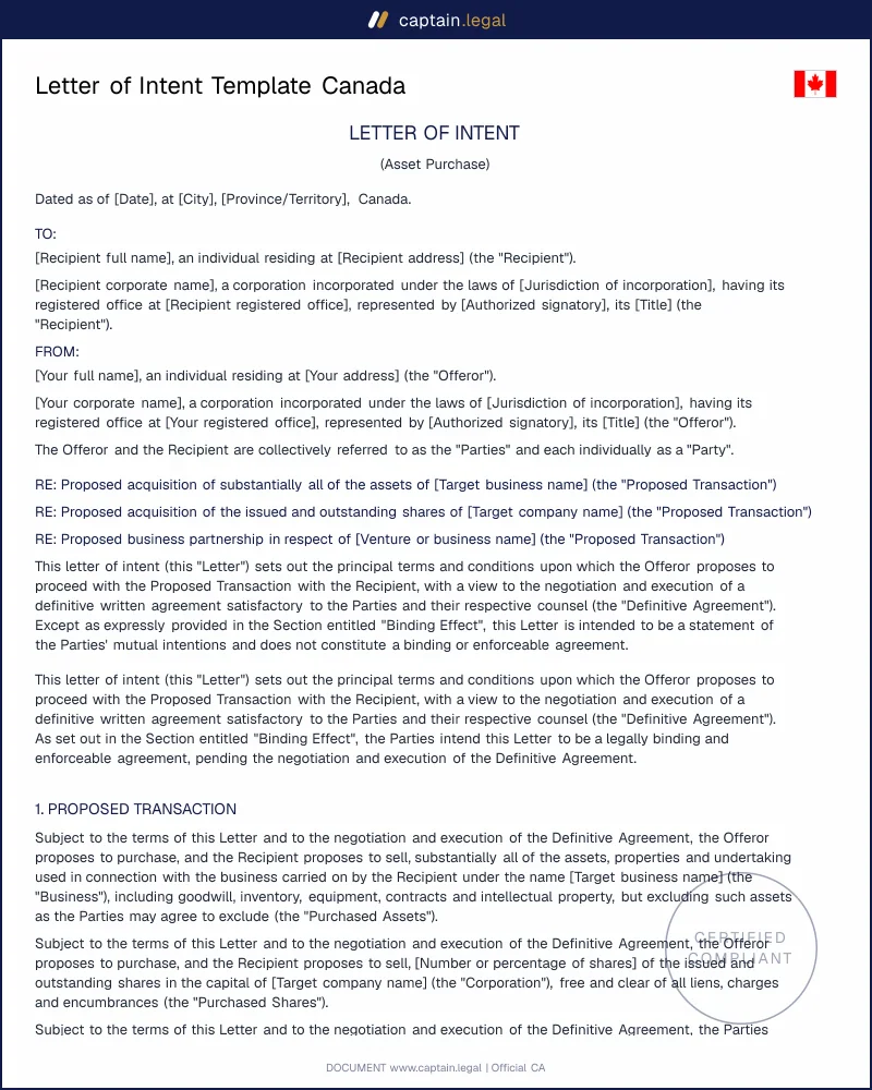 Letter of Intent Template | Wallace v. Allen Compliant