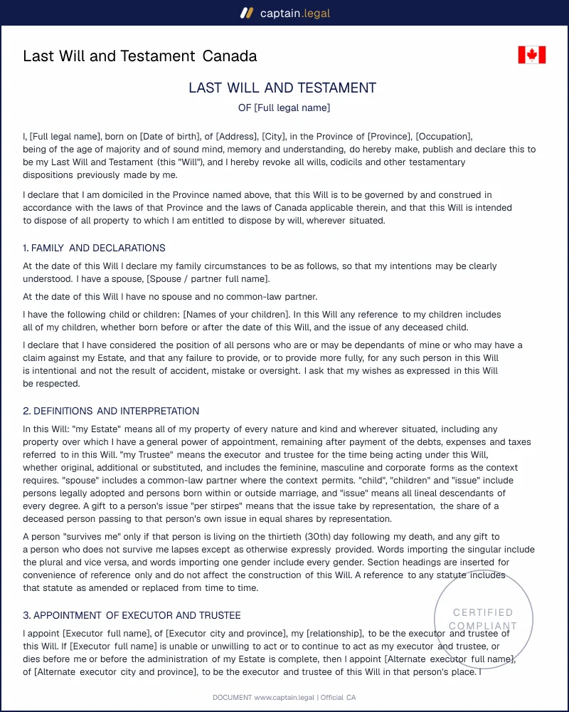 Last Will and Testament Canada | SLRA & WESA Compliant