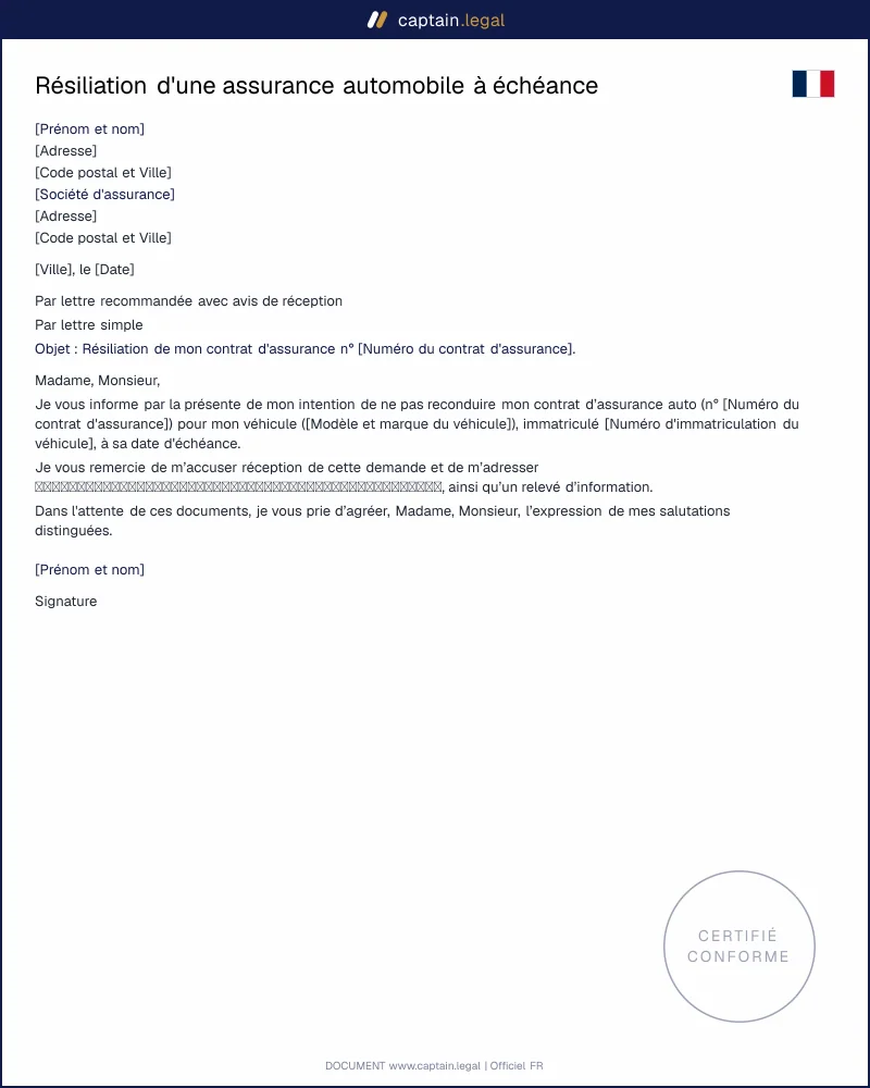 Résiliation d'une assurance automobile à échéance