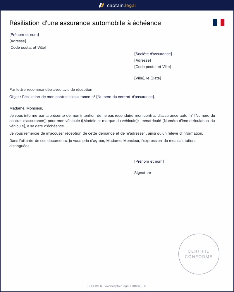 Résiliation d'une assurance automobile à échéance