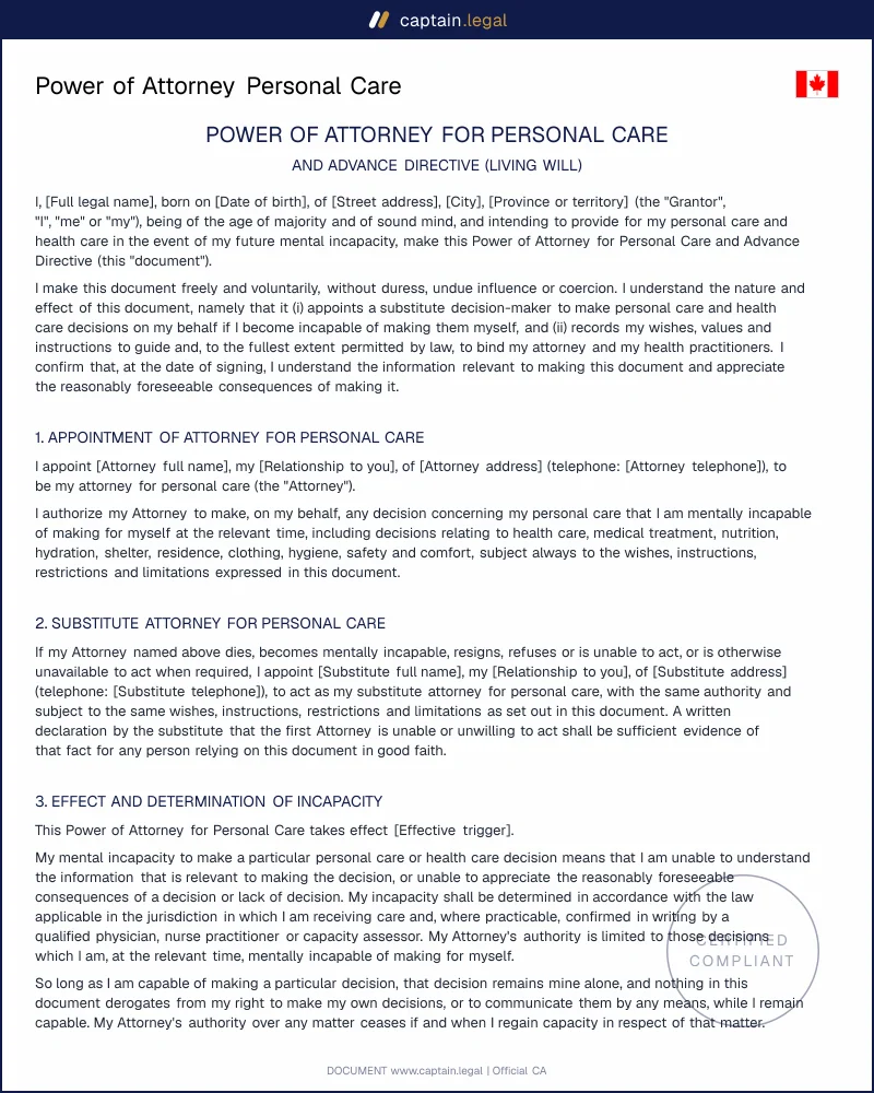 Power of Attorney Personal Care | SDA 1992