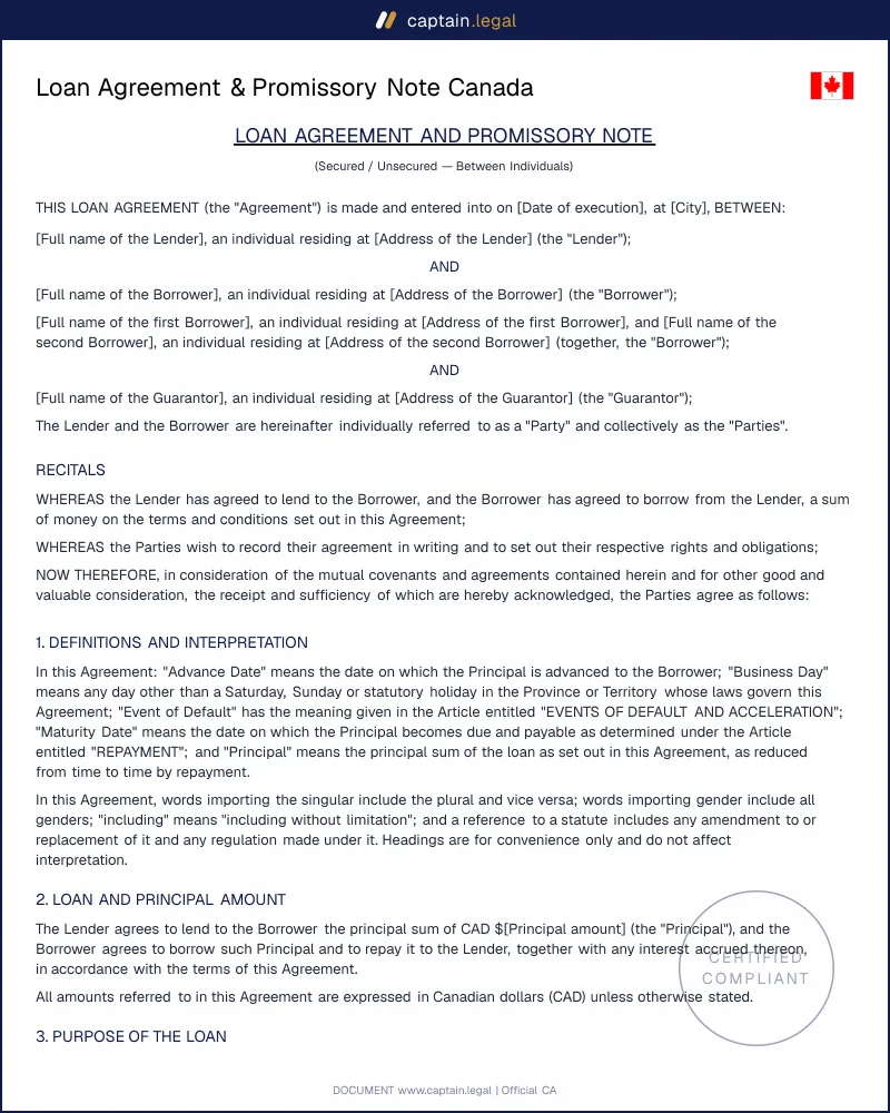 Loan Agreement & Promissory Note Canada | s.176 BEA