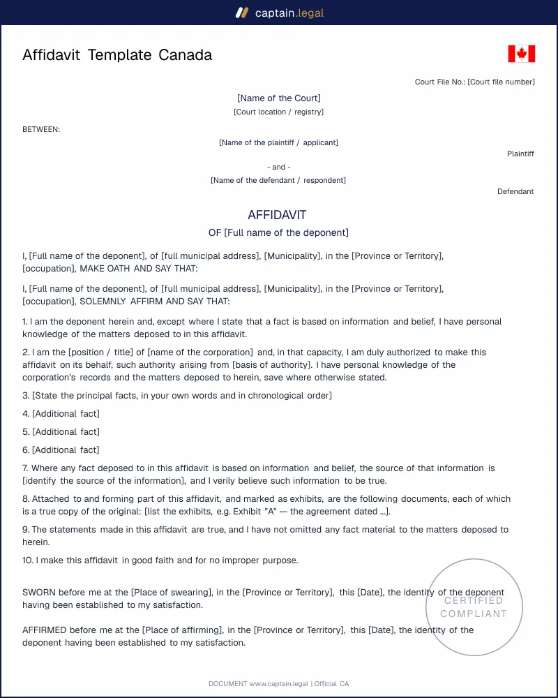 Affidavit Template Canada | Evidence Act Compliant