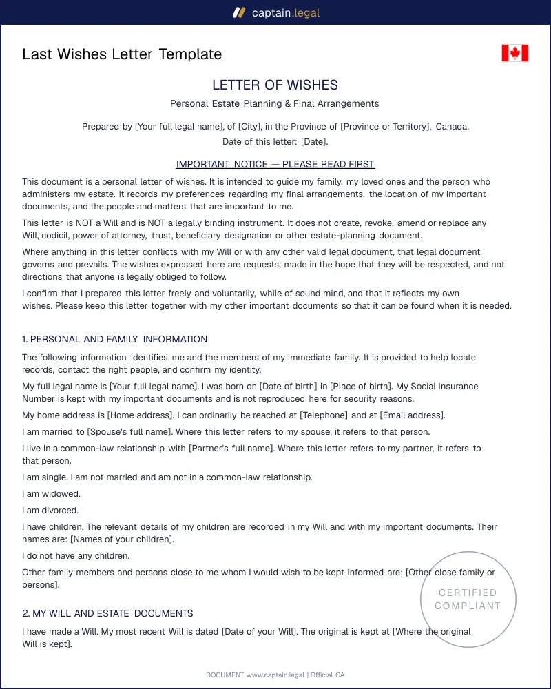 Last Wishes Letter Canada | Non-Binding Estate Doc