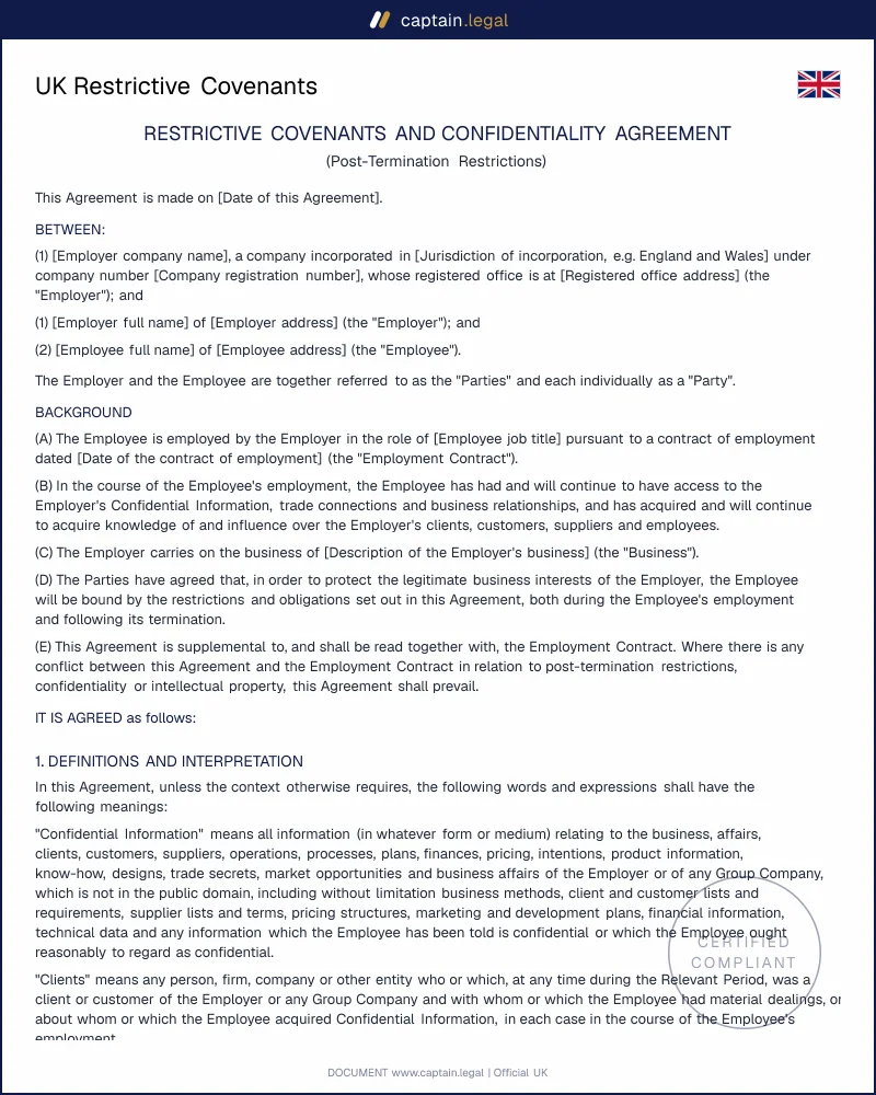 Restrictive Covenants Agreement UK | Word & PDF Template