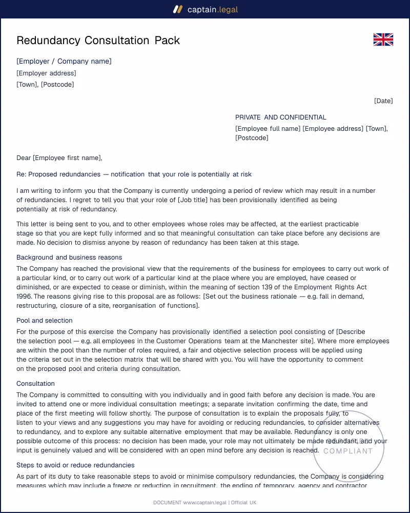 Redundancy Consultation Pack UK | Letters & Matrix