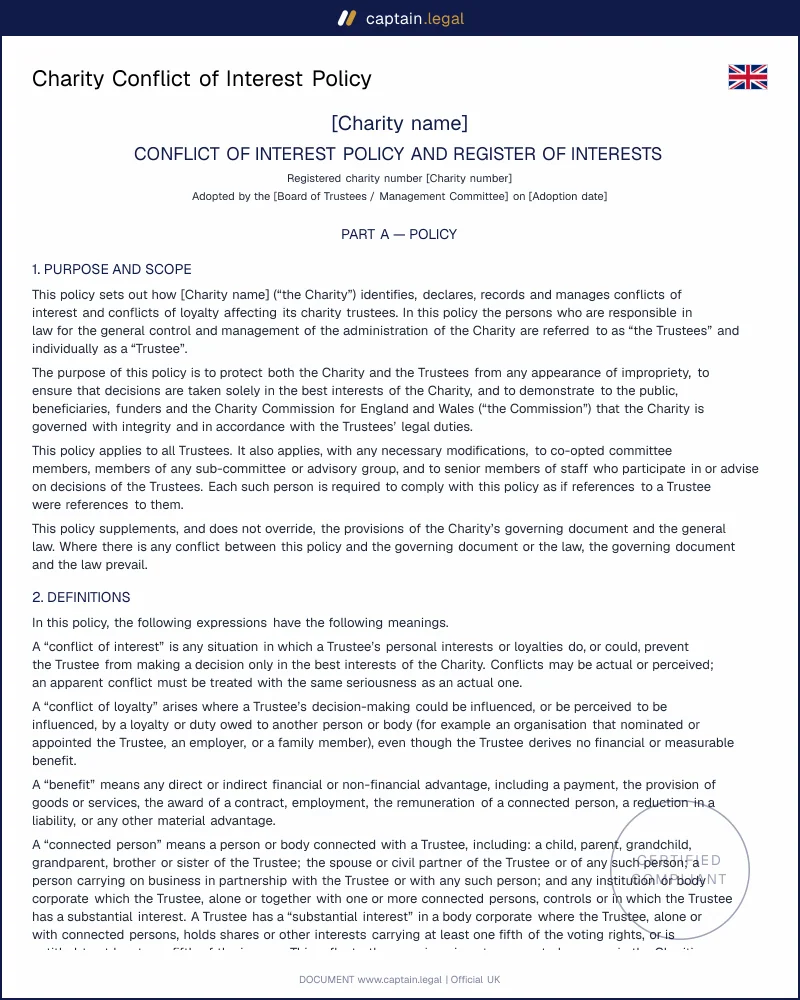 Conflict of Interest Policy UK | Charities Act 2011 s.188
